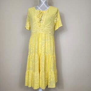 NEW Cativa Vibrant Yellow Tiered Dress Lace Floral Size Small Romantic Babydoll